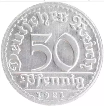 Монета 50 пфеннигов Веймарской республики 1921 года Алюминий D