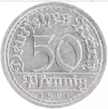 Монета 50 пфеннигов Веймарской республики 1921 года Алюминий F