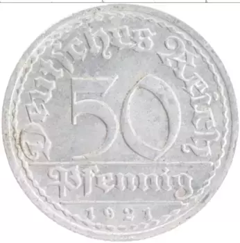 Монета 50 пфеннигов Веймарской республики 1921 года Алюминий A