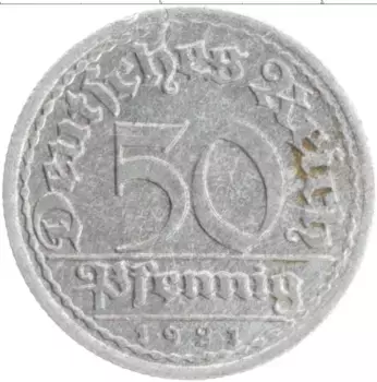 Монета 50 пфеннигов Веймарской республики 1921 года Алюминий F