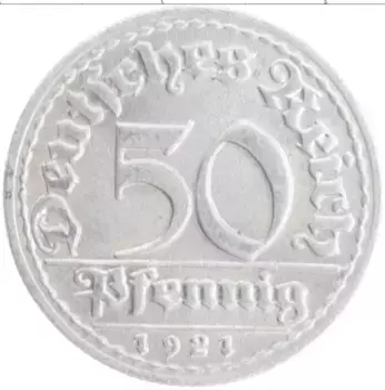 Монета 50 пфеннигов Веймарской республики 1921 года Алюминий D