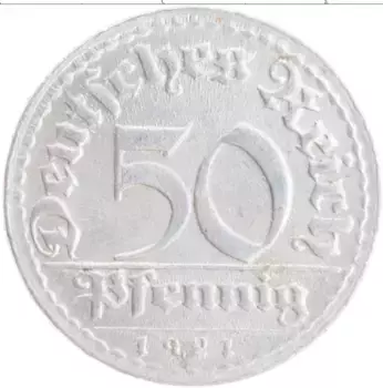 Монета 50 пфеннигов Веймарской республики 1921 года Алюминий D