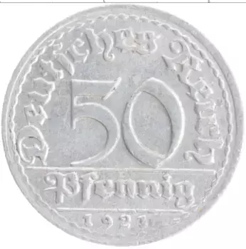 Монета 50 пфеннигов Веймарской республики 1921 года Алюминий D