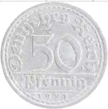 Монета 50 пфеннигов Веймарской республики 1921 года Алюминий A