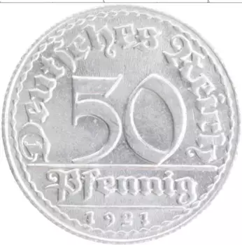 Монета 50 пфеннигов Веймарской республики 1921 года Алюминий D