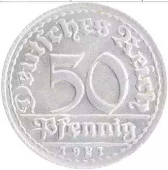 Монета 50 пфеннигов Веймарской республики 1921 года Алюминий D