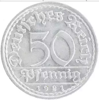 Монета 50 пфеннигов Веймарской республики 1921 года Алюминий A