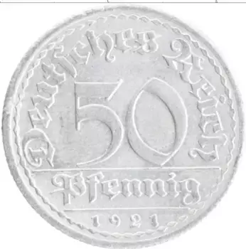 Монета 50 пфеннигов Веймарской республики 1921 года Алюминий A