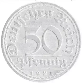 Монета 50 пфеннигов Веймарской республики 1921 года Алюминий A
