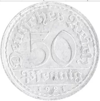 Монета 50 пфеннигов Веймарской республики 1921 года Алюминий A