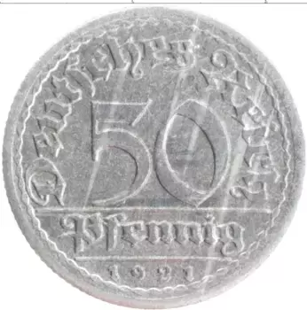 Монета 50 пфеннигов Веймарской республики 1921 года Алюминий F
