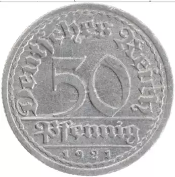 Монета 50 пфеннигов Веймарской республики 1921 года Алюминий F