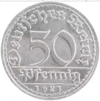 Монета 50 пфеннигов Веймарской республики 1921 года Алюминий D