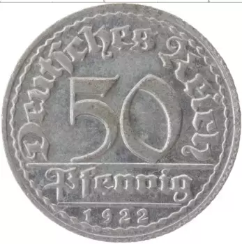 Монета 50 пфеннигов Веймарской республики 1922 года Алюминий D