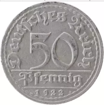 Монета 50 пфеннигов Веймарской республики 1922 года Алюминий D