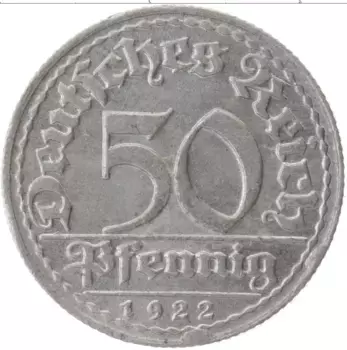 Монета 50 пфеннигов Веймарской республики 1922 года Алюминий D