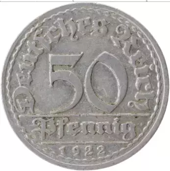 Монета 50 пфеннигов Веймарской республики 1922 года Алюминий D