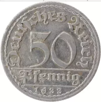 Монета 50 пфеннигов Веймарской республики 1922 года Алюминий D