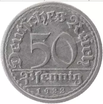 Монета 50 пфеннигов Веймарской республики 1922 года Алюминий F