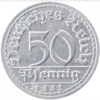 Монета 50 пфеннигов Веймарской республики 1922 года Алюминий D