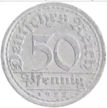 Монета 50 пфеннигов Веймарской республики 1922 года Алюминий А