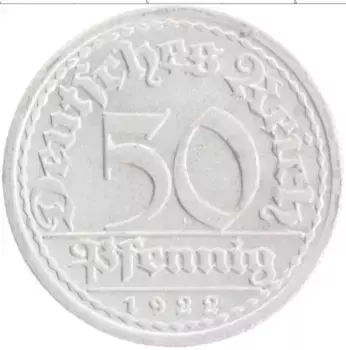 Монета 50 пфеннигов Веймарской республики 1922 года Алюминий A