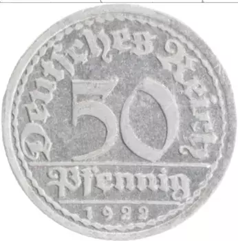 Монета 50 пфеннигов Веймарской республики 1922 года Алюминий F