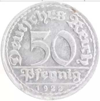 Монета 50 пфеннигов Веймарской республики 1922 года Алюминий D