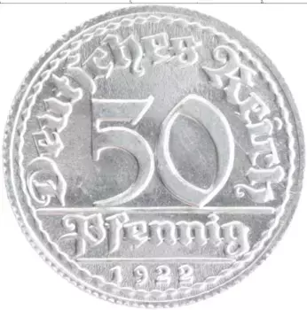Монета 50 пфеннигов Веймарской республики 1922 года Алюминий D