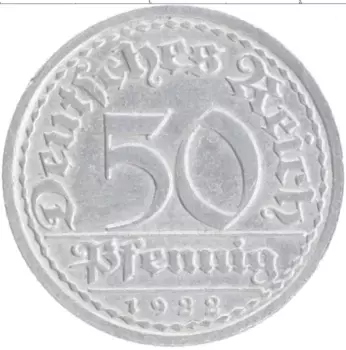 Монета 50 пфеннигов Веймарской республики 1922 года Алюминий A
