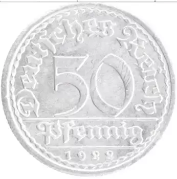 Монета 50 пфеннигов Веймарской республики 1922 года Алюминий A