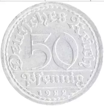 Монета 50 пфеннигов Веймарской республики 1922 года Алюминий А