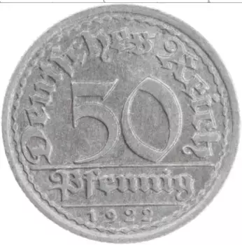 Монета 50 пфеннигов Веймарской республики 1922 года Алюминий F