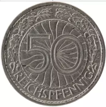 Монета 50 пфеннигов Веймарской республики 1927 года Медно-никель А