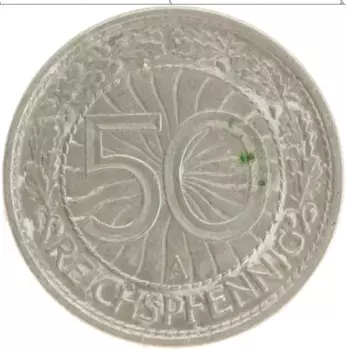 Монета 50 пфеннигов Веймарской республики 1927 года Медно-никель A