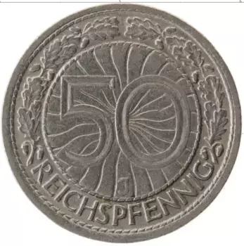 Монета 50 пфеннигов Веймарской республики 1928 года Медно-никель J