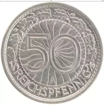 Монета 50 пфеннигов Веймарской республики 1928 года Медно-никель А