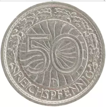 Монета 50 пфеннигов Веймарской республики 1928 года Медно-никель D