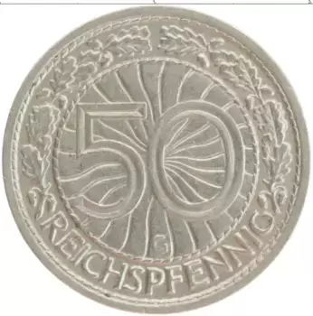 Монета 50 пфеннигов Веймарской республики 1928 года Медно-никель G