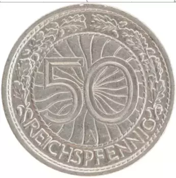Монета 50 пфеннигов Веймарской республики 1928 года Медно-никель A