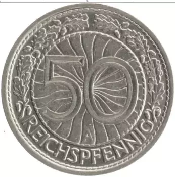 Монета 50 пфеннигов Веймарской республики 1929 года Медно-никель А