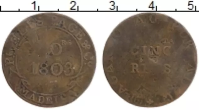 Монета 50 рейс Мадейры 1803 года Медь Токен фирмы Фелпс и Компания