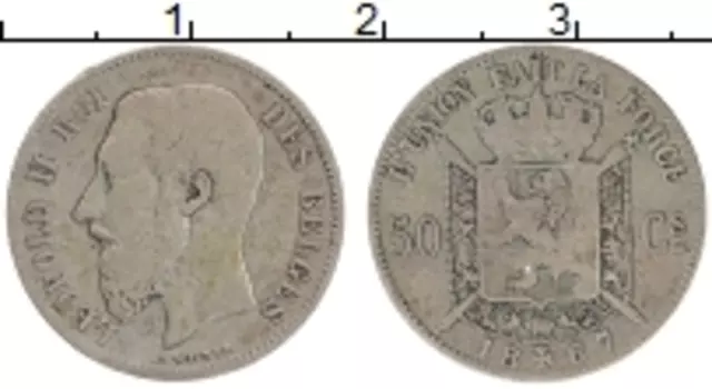 Монета 50 сантим Бельгии 1867 года Серебро Леопольд II