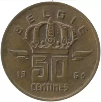 Монета 50 сантим Бельгии 1965 года Бронза Король Бодуэн