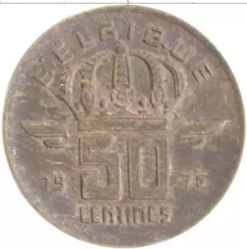Монета 50 сантим Бельгии 1975 года Бронза