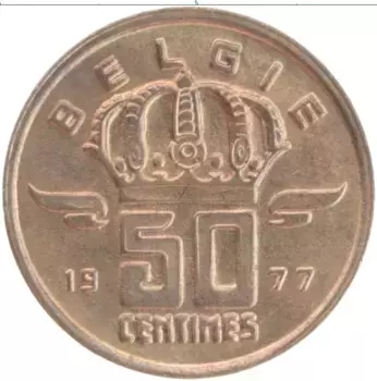Монета 50 сантим Бельгии 1977 года Бронза Бодуэн I