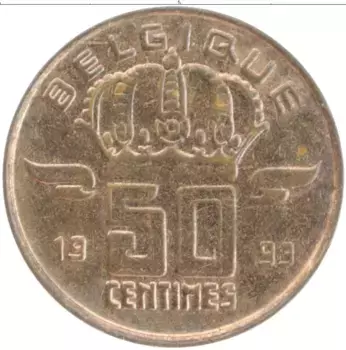 Монета 50 сантим Бельгии 1993 года Бронза Бодуэн I