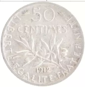 Монета 50 сантим Франции 1912 года Серебро