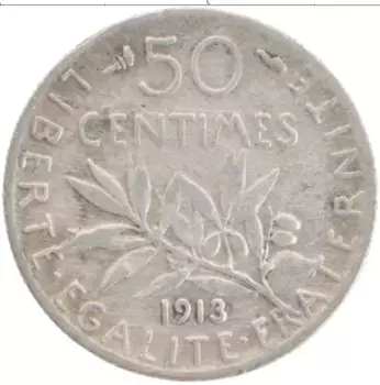 Монета 50 сантим Франции 1913 года Серебро