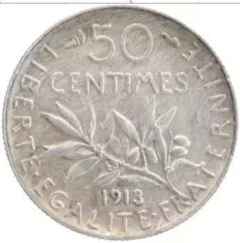 Монета 50 сантим Франции 1913 года Серебро
